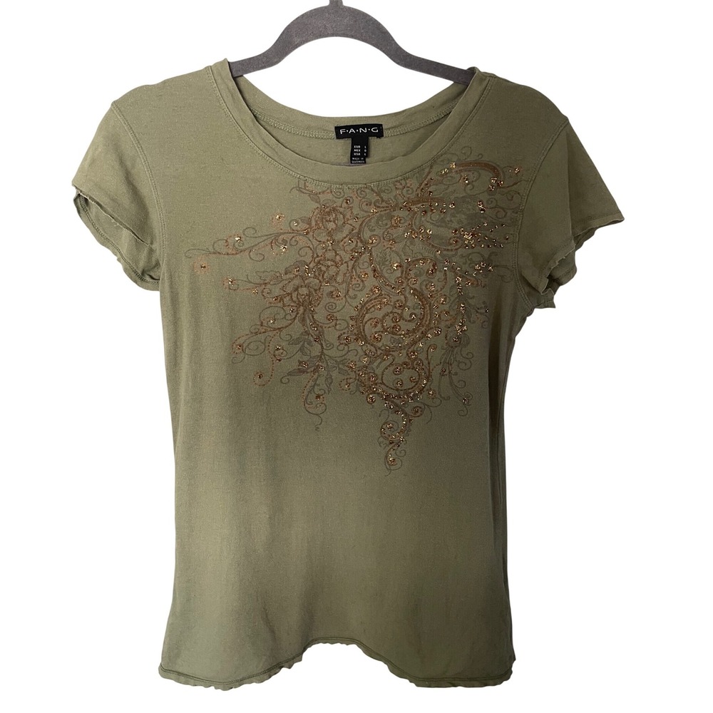 FANG Vintage Y2K Olive Green Graphic Tee Top Women Large Gold Glitter Paisley
